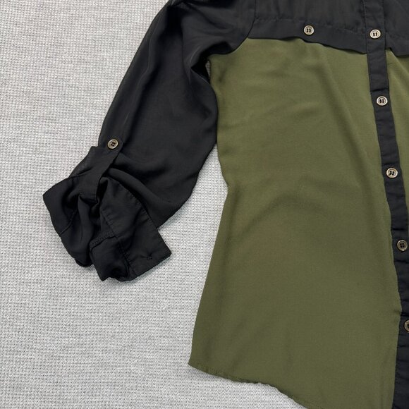 Vanity Womens Green Black Colorblock Semi Sheer Blouse Roll-tab Sleeve Sz Small - Picture 3 of 16